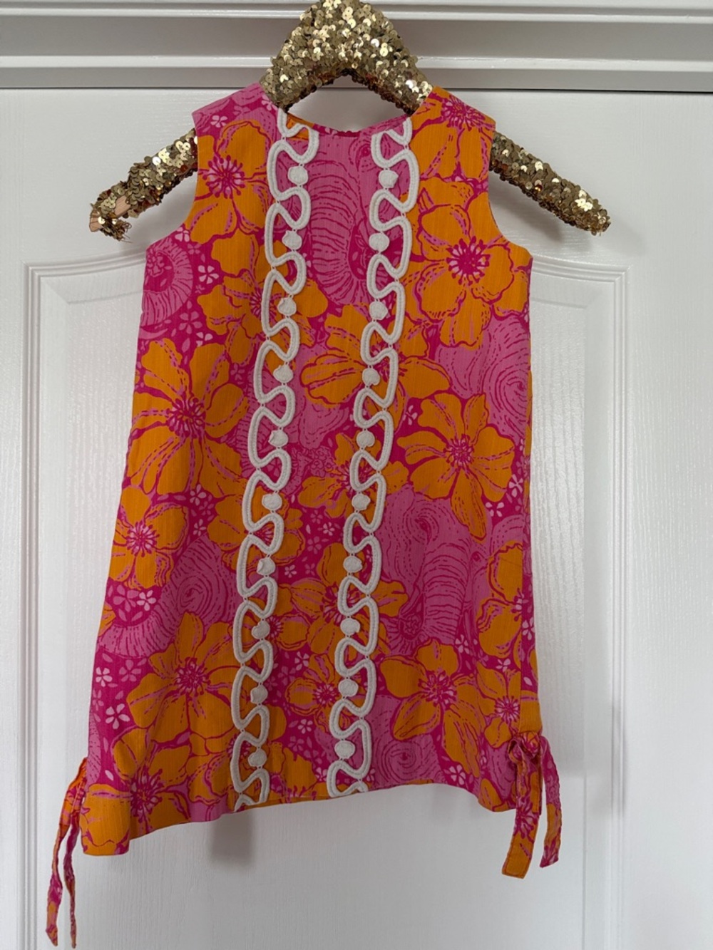 Vintage Lilly Pulitzer kids floral Shift Dress with White Chain Trim